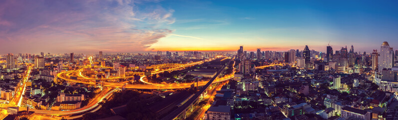 Fototapeta na wymiar Bangkok Expressway top view in panorama at sunrise, Thailand.