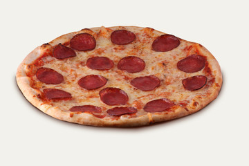 Delicious Italian Pizza Diavola with salami, mozzarella, pepperoncini isolated on white background