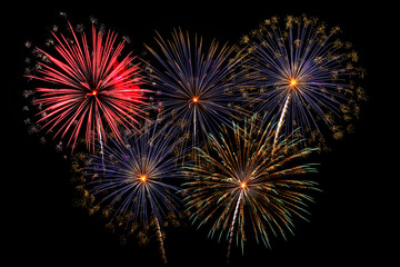 Colorful fireworks of various colors on black background