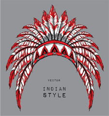 Native American Indian colored chief. Red and black roach. Indian feather headdress of eagle. - 98464059