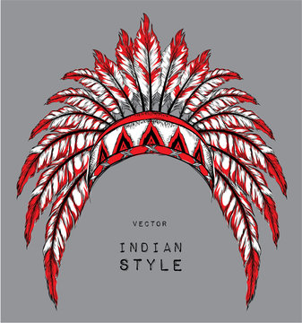 Native American Indian colored chief. Red and black roach. Indian feather headdress of eagle.