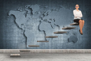 Business woman walking up a staircase. world map on background
