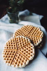 Homemade waffles on the white napkin