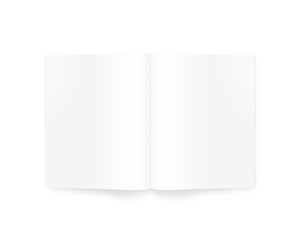 Open blank magazine mock up isolated on white. White journal mockup on table presentation. Catalog guide template layout. Redactor text makeup. Magazine opened in middle. Empty notebook booklet design