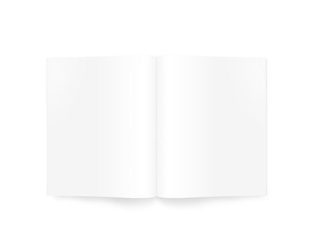 Open blank magazine mock up isolated on white. White journal mockup on table presentation. Catalog guide template layout. Redactor text makeup. Magazine opened in middle. Empty notebook booklet design