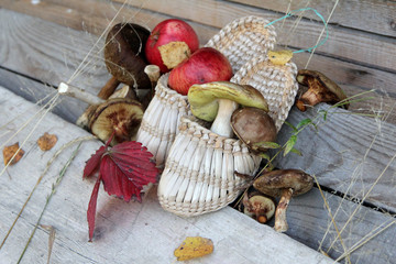 Russian autumn still life with mushrooms and bast shoes