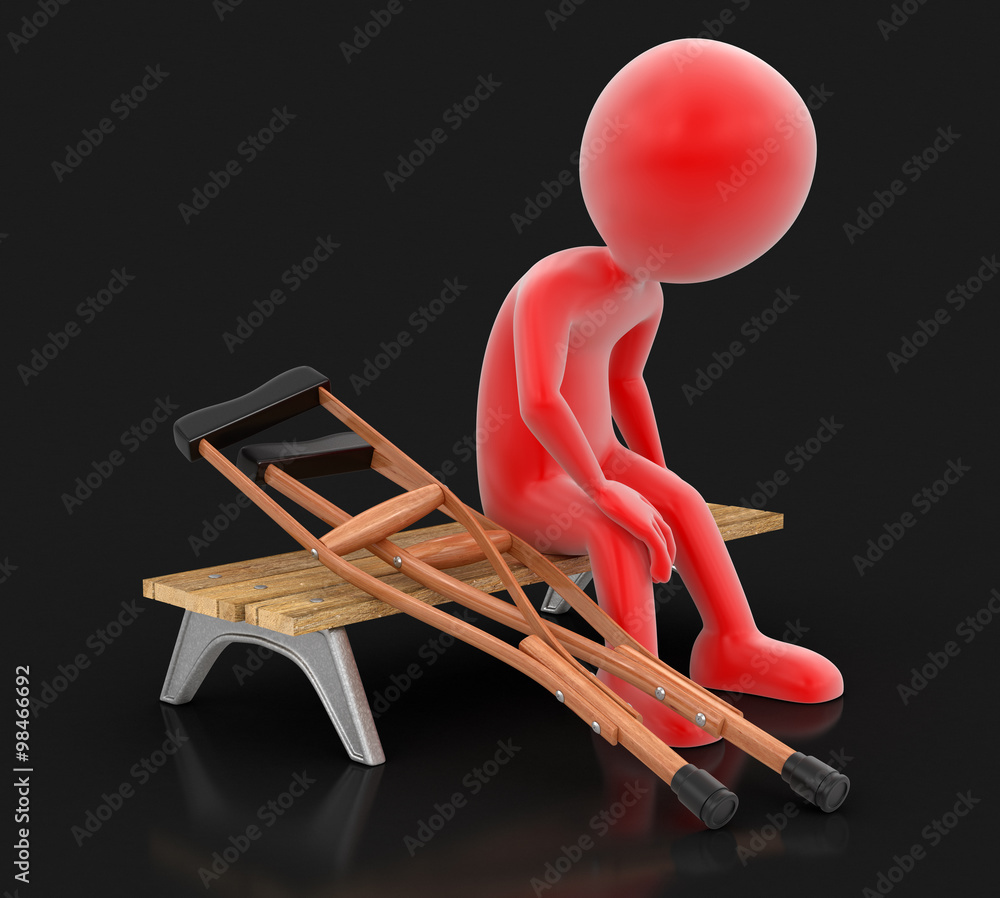 Poster man on bench and crutches. image with clipping path