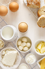Dairy products on a white table