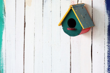 colorful bird house on grunge wall