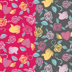 Vectorial valentine seamless pattern of flowers with birds and hearts on a transparent background