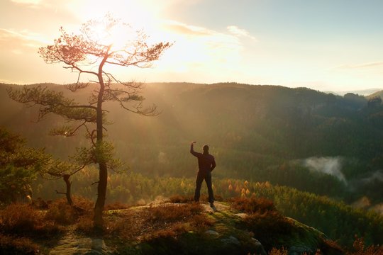 Tall tourist bellow pine tree  is taking selfie on peak above autumn valley.