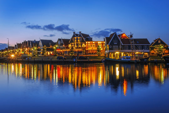Baywalk in Volendam on Christmas night, The Netherlands