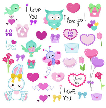 Collection of cute graphic elements for Valentine's Day, weddings, congratulations, declarations of love.