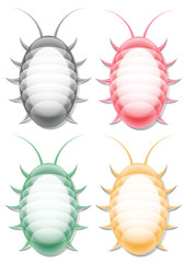 Colored bugs icons. Collection of elements for company logos, business identity, print products, page and web decor or other design. Contains transparency. Vector.