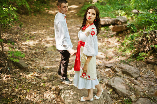 Love story of loving couple in national Ukraine dress.