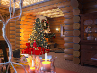 3D rendering New year interior with Christmas tree, presents and fireplace in the house from a log. Postcard decorated christmas tree.