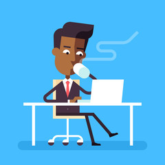 Handsome man in formal suit is sitting legs crossed at the desk with a laptop and drinking hot beverage. Cartoon character - businessman. Stock vector illustration in flat design. 
