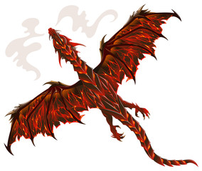 Lava dragon, terrible creature breathing fire, vector illustration
