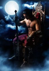 Medieval warrior on the throne on background of the moon