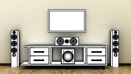 Place for TV with television shelf with home theater, cynema sound speker system in modern, classic interior background with white decorative paint wall and concrete floor. Copy space image. 3d render