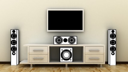 Place for TV with television shelf with home theater, cynema sound speker system in modern, classic interior background with white decorative paint wall and concrete floor. Copy space image. 3d render