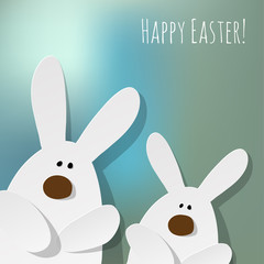 Happy Easter Postcard 2 Bunnies on a blue bokeh fog background.