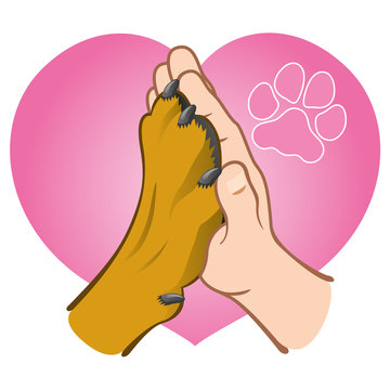 Illustration human hand holding a paw, heart, caucasian