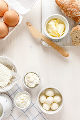 Dairy products on a white table