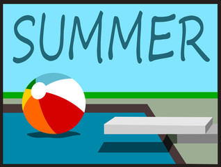 summer design with beach ball in pool with diving board