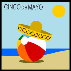 Cinco de Mayo (5th of May) holiday graphic design with sombrero and beach ball on beach