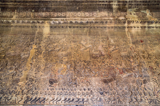 Ancient Khmer bas-relief at Angkor Wat temple, Cambodia