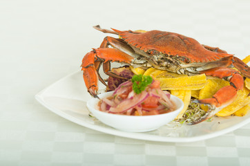 Close up shot of delicious elegant red crab on a plate