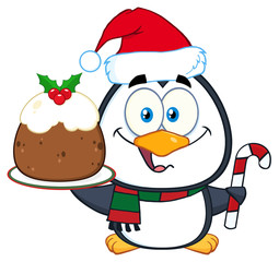 Cute Penguin Character Holding Christmas Pudding And Candy Cane