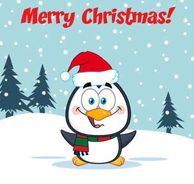 Merry Christmas Greeting With Cute Penguin Cartoon Character