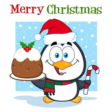 Penguin Character Holding Christmas Pudding And Candy Cane On The Snow