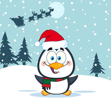 Cute Penguin Cartoon Character. Illustration Santa In Flight