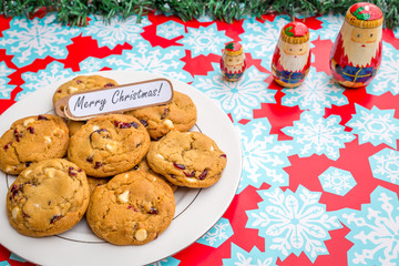 Freshly baked white chocolate and cranberry cookies.