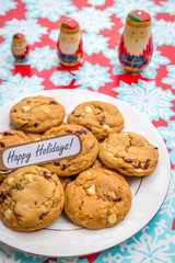 Freshly baked white chocolate and cranberry cookies.