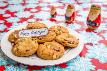 Freshly baked white chocolate and cranberry cookies.