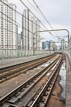 Rusty subway rails in downtown Shanghai