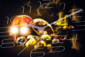 Clock with blurred human skulls, abstract background.