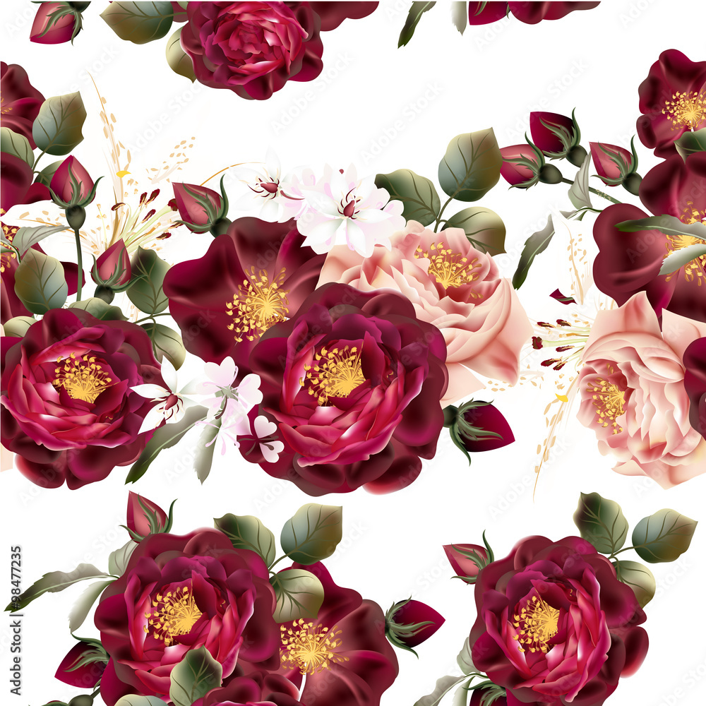 Poster Seamless wallpaper pattern with realistic vector roses in vintag