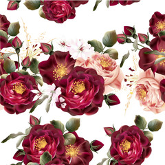 Seamless wallpaper pattern with realistic vector roses in vintag