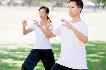 People practicing thai chi in park