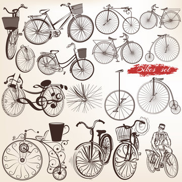 Set of vector engraved bicycles for design