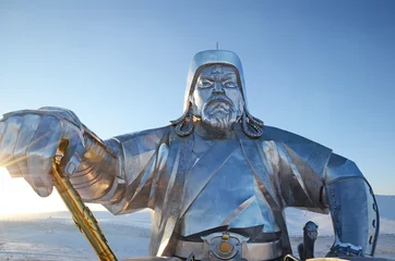 Velvet curtains Historic monument Genghis Khan with Legendary golden whip.  Statue Complex, Mongolia
