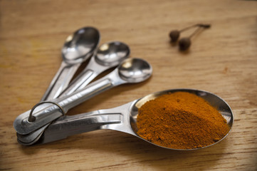 Four measuring spoons with Tumeric spice