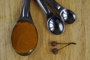 Three metal measuring spoons with Turmeric spice