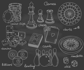 Game hand drawn icons set with casino sport and leisure games, vector illustration, playing cards, darts, chess, casino chips, billiard, domino, bowling, dice, roulette