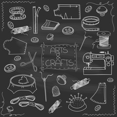 Hand drawn vector sewing set, sewing doodle collection illustration, hand made craft supplies and accessories for sewing on black background. Vector sewing equipment, arts and crafts